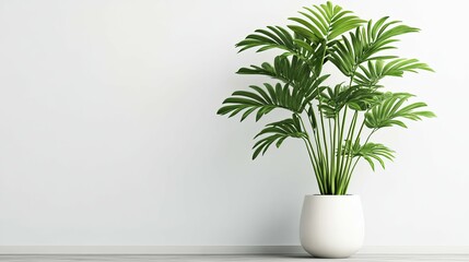 Fototapeta premium Serene Palm Plant in Minimalist White Pot: A Peaceful Interior Design