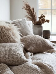 Cozy Neutral Textured Pillows and Blanket Arrangement