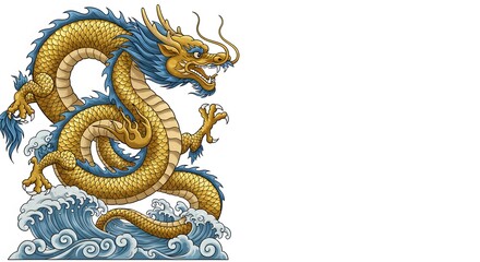 Golden dragon illustration featuring intricate scale details and vibrant blue accents against traditional asian water wave art, symbolizing cultural strength and mythology