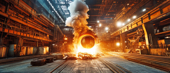 Nighttime spectacle of molten metal pouring in a steel mill's iron smelting process for construction materials