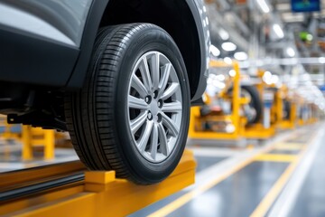 Close-up of car wheel on an assembly line in a modern factory, symbolizing automobile manufacturing.