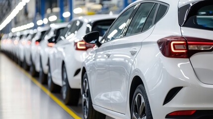Line of new white cars on an assembly line in a brightly lit factory, showcasing mass production and modern industry.