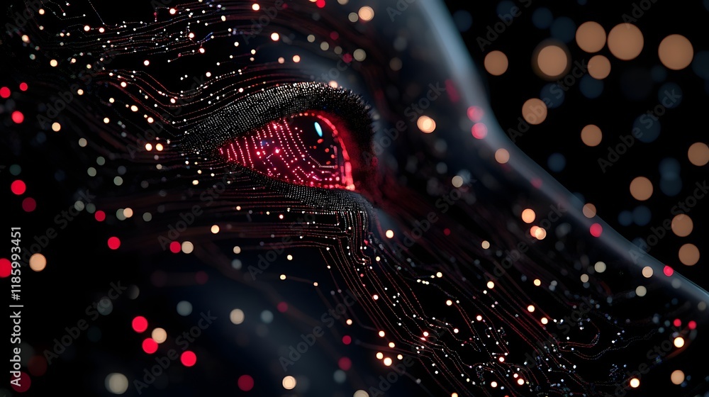 Aufkleber close up of a robotic face with intricate circuits and glowing eyes symbolizing advanced cognitive