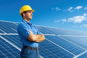 Smiling engineer wearing a yellow hard hat standing next to solar panels, representing renewable energy and clean technology.