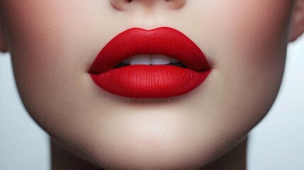 Fototapeta premium Red Lips: A close-up shot of a woman's red lips, showcasing a bold and vibrant hue that exudes confidence and allure. The smooth, matte finish adds a touch of elegance and sophistication. 