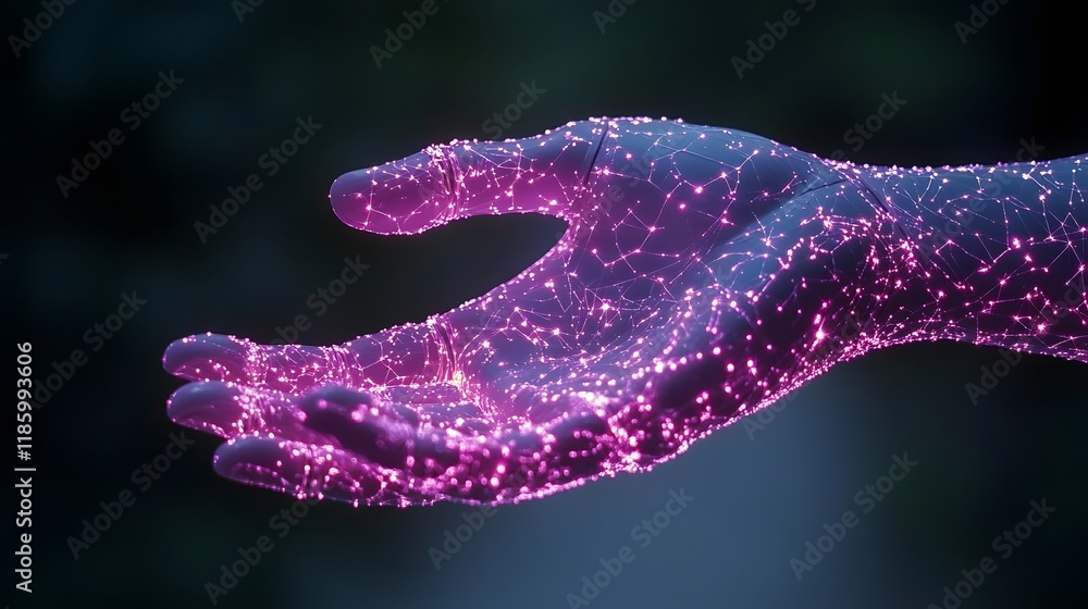 Poster robotic hand interacting with glowing neural network illustrating cognitive evolution