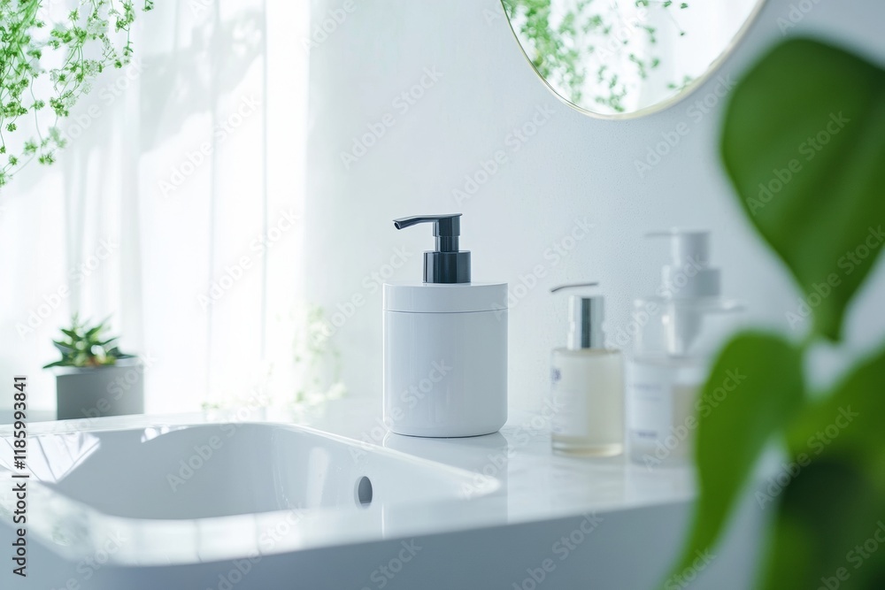 Poster sanitizer droplets actively eliminating bacteria on a clean bathroom counter in a bright, modern set