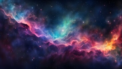 Naklejka premium A vibrant cosmic scene showcasing colorful nebulae and stars in a vast galaxy.
