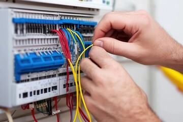 Close-up of an electrician's hands connecting red, yellow, and blue wires in an electrical panel, symbolizing precision and safety.