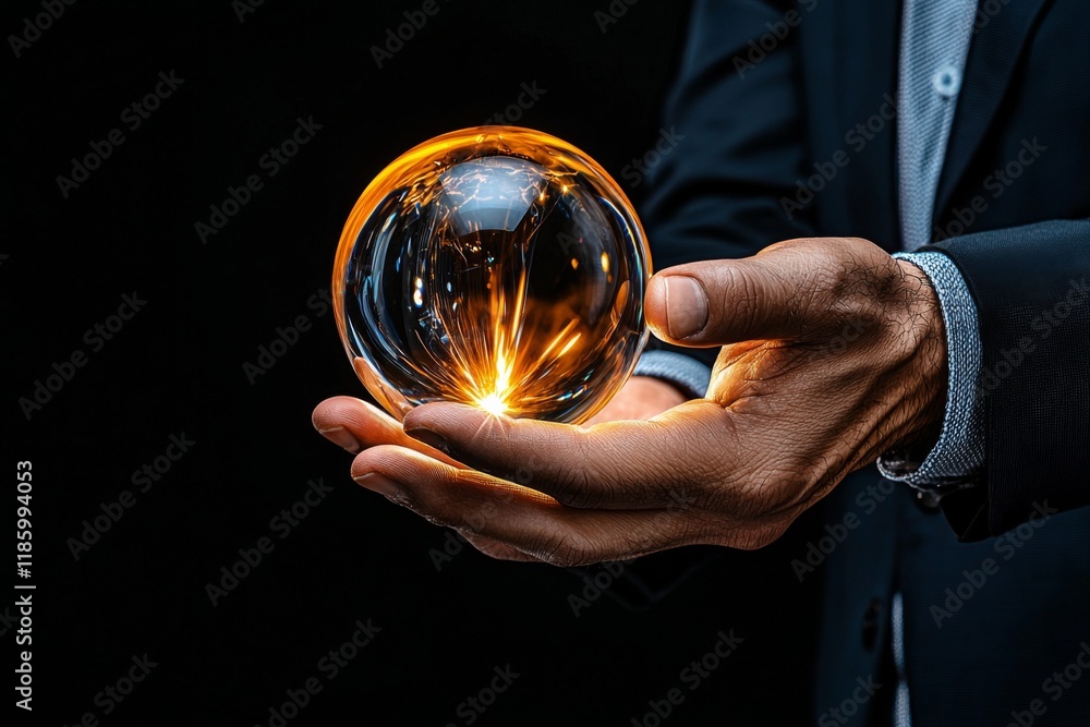 Poster holding a glowing orb with sparks in a dark setting during an artistic demonstration