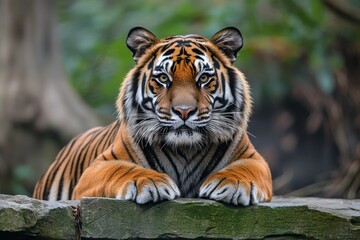 A striking close-up of a tiger resting on a ledge, showcasing its vibrant orange coat, distinct stripes, and piercing eyes amidst a lush, green background.