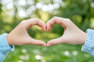 Two hands forming a heart shape in a green outdoor setting, symbolizing love, connection, and nature appreciation.