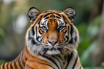 A majestic tiger stares intensely at the camera, showcasing its striking orange and black stripes against a blurred natural background.
