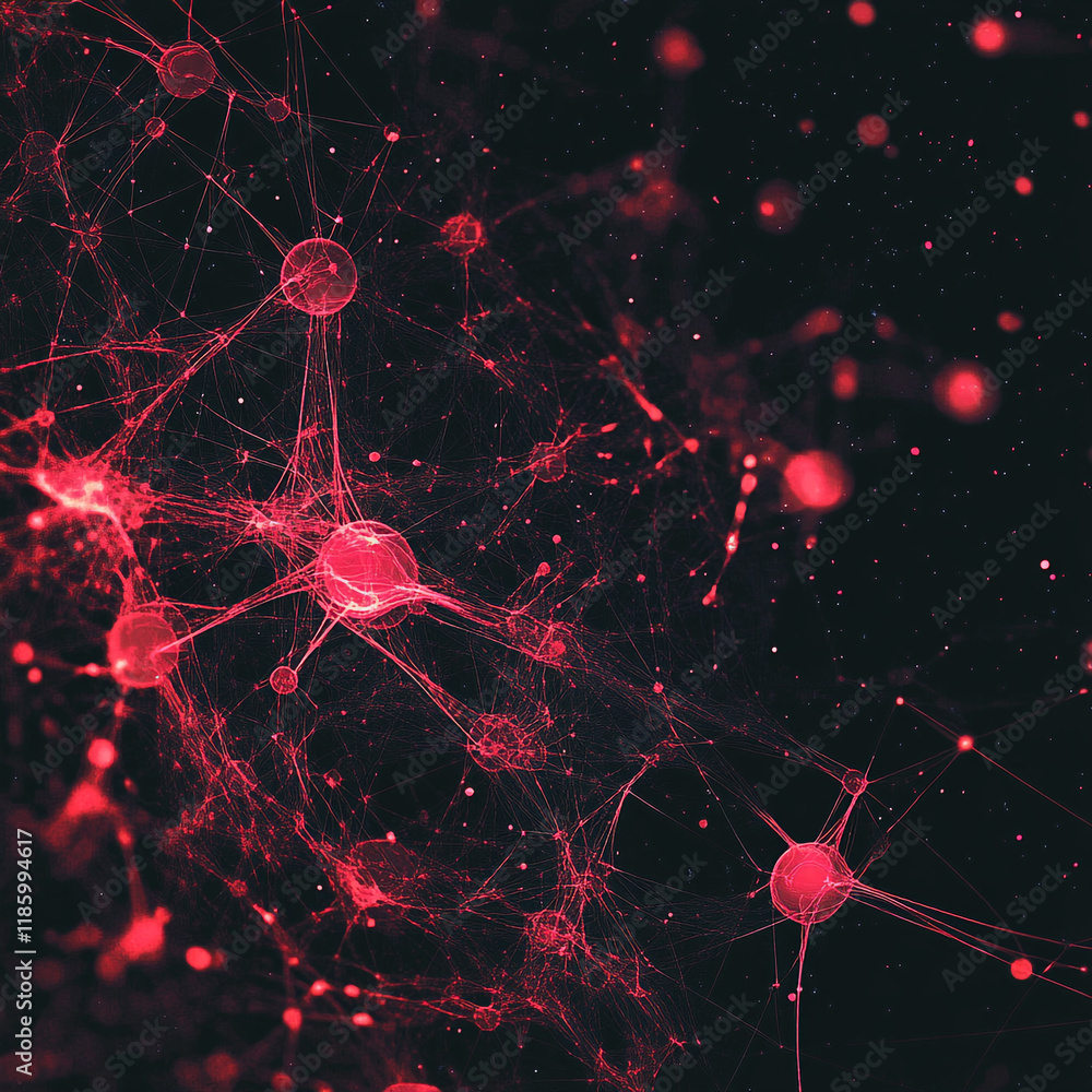 Poster visual representation of neural connections in vibrant red color against a dark background