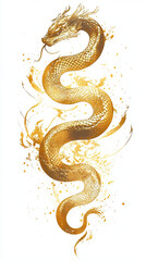 Fototapeta premium Dragon orSnake illustration design, minimalist, graphic design, clear scales, writhing body, gold foil paper brush marks