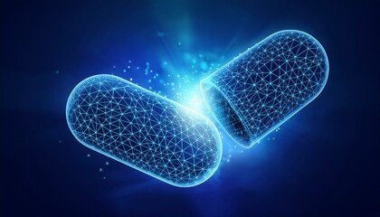 Pills. Abstract polygonal wireframe light capsule in blue background. Medical, pharmacy, 