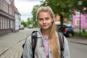 Fototapeta premium A young woman with blonde hair and a backpack is standing on a street