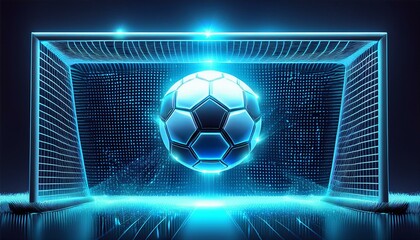 glowing blue Soccer ball in the goal. Low polygon, particle, and triangle style design.