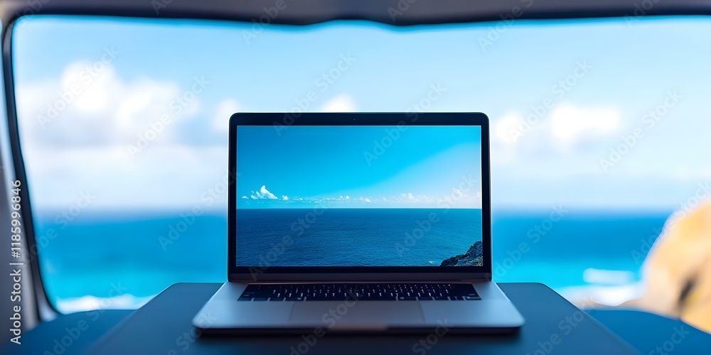 Poster a laptop is placed on a table in front of a scenic view of the ocean and cloudy sky. concept laptop 