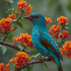 A striking turquoise cotinga sitting on a vine surrounded by bright red and orange flowers.
