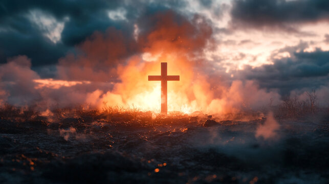 Silhouette of cross on fire background. Religion concept, Easter, Lent event. For print, poster, card. View from ground. With copy space.