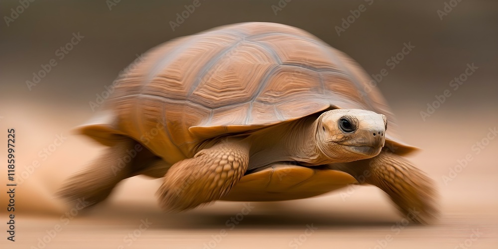 Poster a tortoise moving quickly across a sandy surface, captured with a blurred effect to suggest speed an