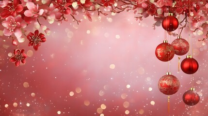 Fototapeta premium Festive Lunar New Year Composition with Vibrant Red Tones Golden Floral Motifs and Hanging Lanterns