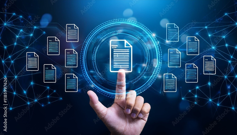Aufkleber hand touching document icon on virtual screen to document management, online documentation