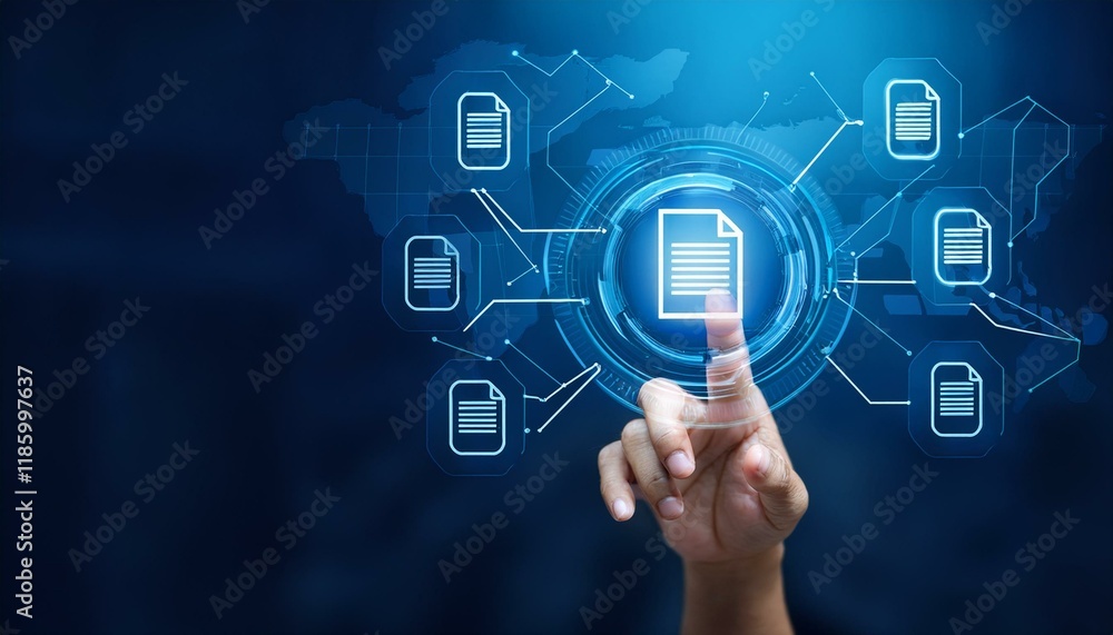 Aufkleber hand touching document icon on virtual screen to document management, online documentation