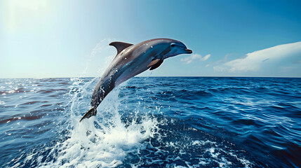 Fototapeta premium Dolphin Leaping Out of the Ocean with Splashing Water and a Bright Blue Sky.