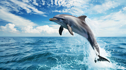 Fototapeta premium Dolphin Leaping Out of the Ocean with Splashing Water and a Bright Blue Sky.