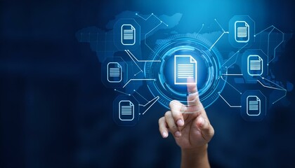 Hand touching document icon on virtual screen to document management, online documentation 