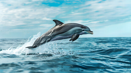 Fototapeta premium Dolphin Leaping Out of the Ocean with Splashing Water and a Bright Blue Sky.