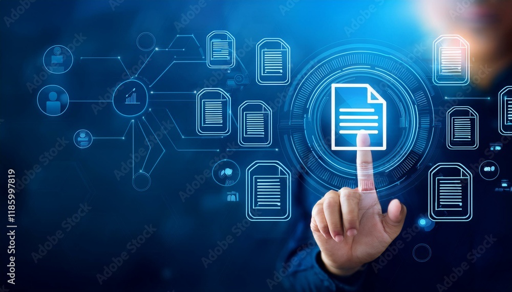 Aufkleber hand touching document icon on virtual screen to document management, online documentation
