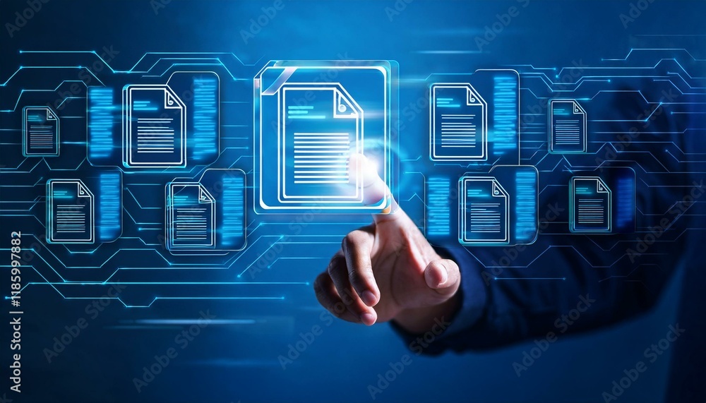 Aufkleber hand touching document icon on virtual screen to document management, online documentation
