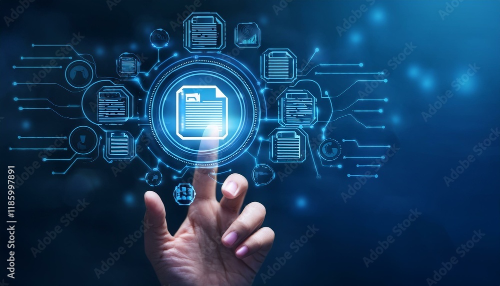 Aufkleber hand touching document icon on virtual screen to document management, online documentation
