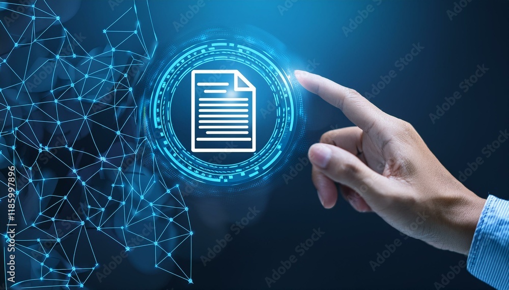 Aufkleber hand touching document icon on virtual screen to document management, online documentation