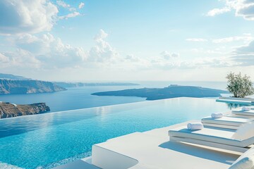 Fototapeta premium Serene Santorini. Infinity Pool, Aegean Vista, Tranquil Luxury
