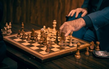 Close-up of a wooden chessboard with pieces mid-game, next to a seated person in a dimly lit room