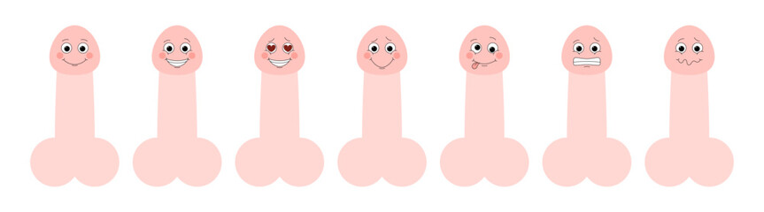 Penis emoji collection. Set of funny dicks with different emotions. Vector illustration