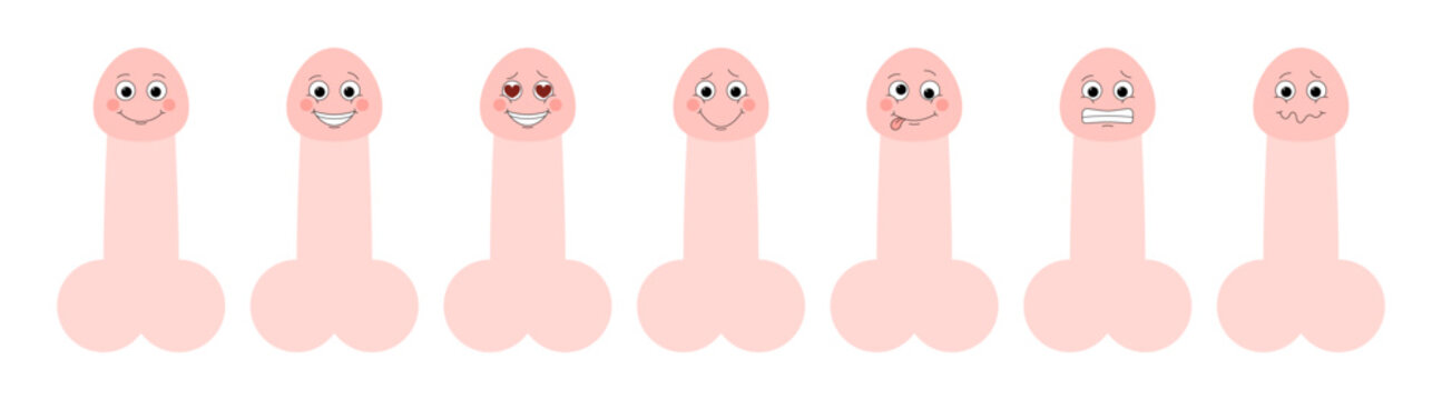 Penis emoji collection. Set of funny dicks with different emotions. Vector illustration
