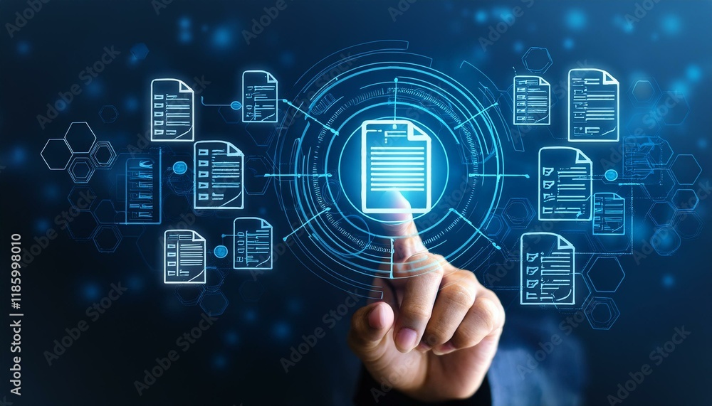 Aufkleber hand touching document icon on virtual screen to document management, online documentation