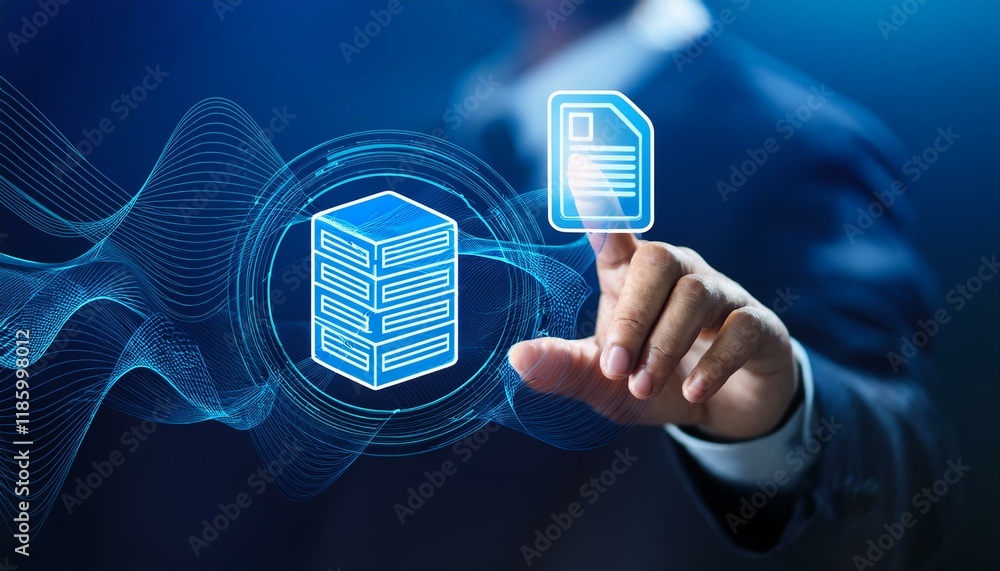 Poster hand touching document icon on virtual screen to document management, online documentation