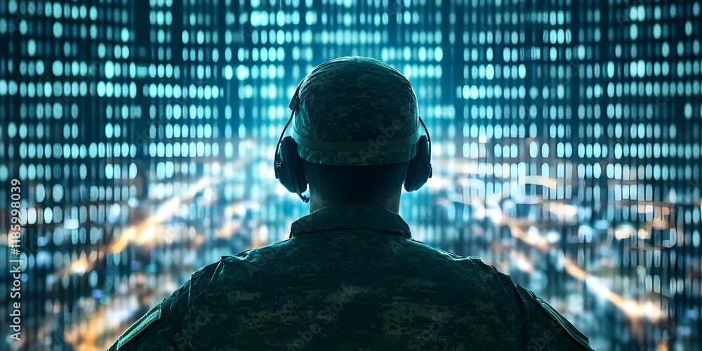 Aufkleber a soldier in uniform with headphones, facing a digital backdrop of binary code and lights, suggestin