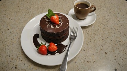 苺の乗ったチョコレートケーキとカフェオレ