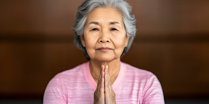 An elderly woman with gray hair, dressed in a pink top, is sitting with her hands in a prayer position. Concept Elderly Wisdom, Graceful Positivity, Serene Meditation, Spiritual Reflection