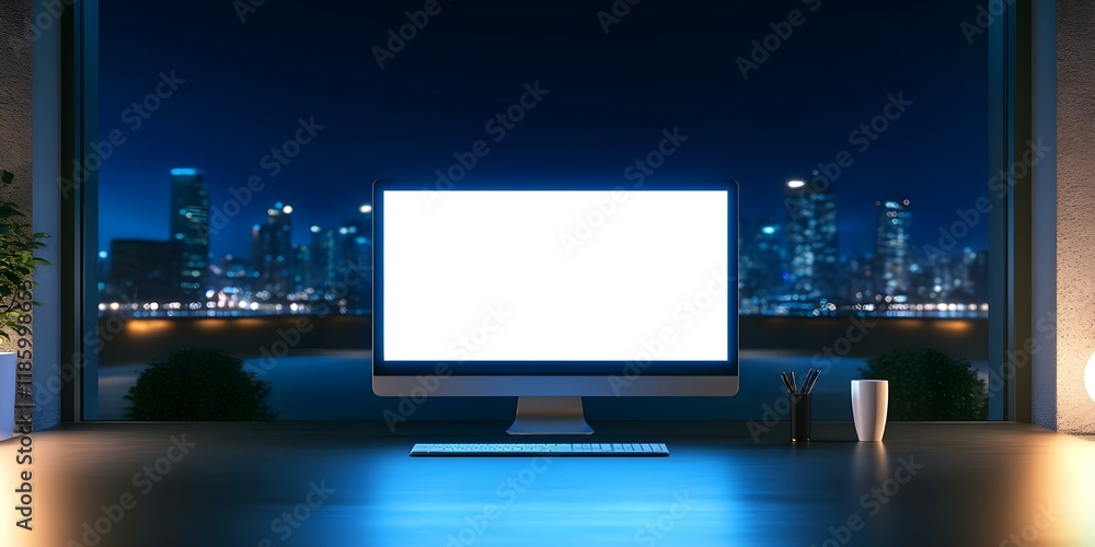 Aufkleber a modern workspace with a large blank computer screen, a keyboard, and a cup on a desk, overlooking 