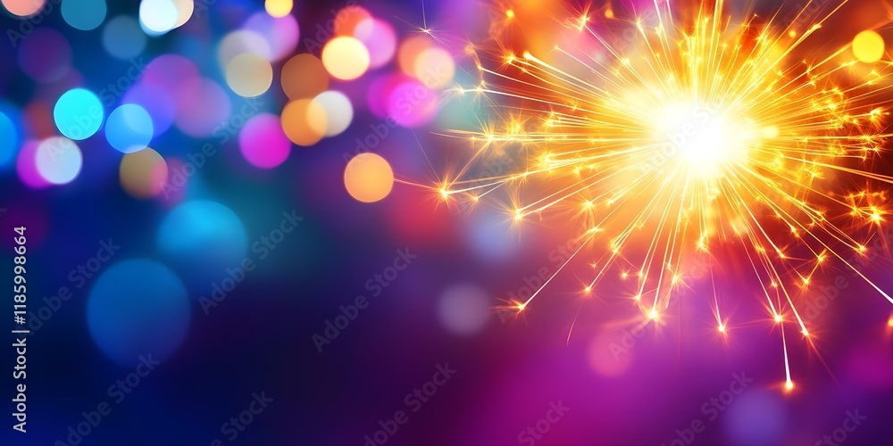 Poster a colorful background of blurred lights with a bright, sparkling explosion in the foreground, creati