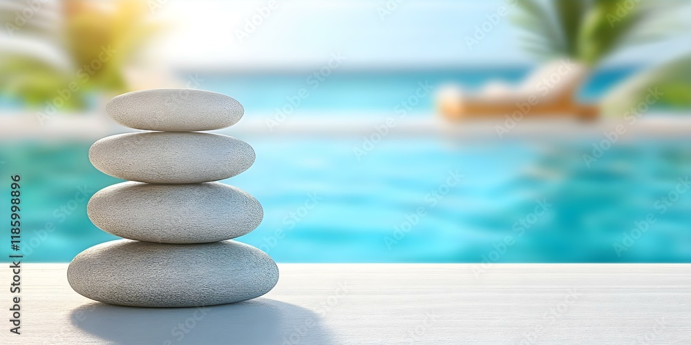 Poster a stack of smooth stones placed on a table with a blurred background of a pool and lounge chair. con