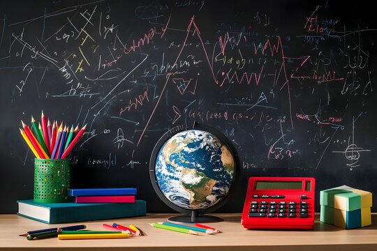 Classroom globe, pencils, calculator; math equations chalkboard background; education
